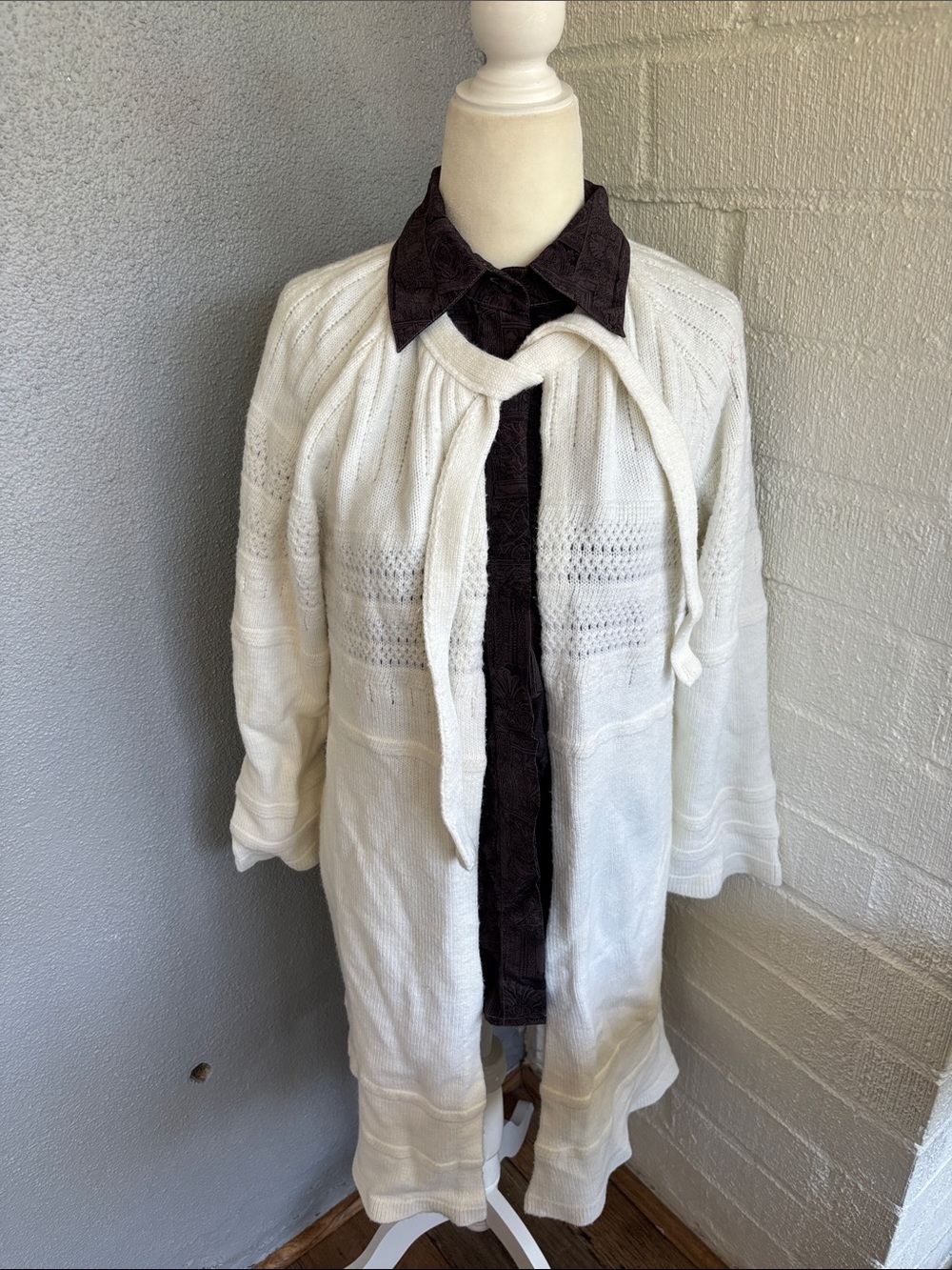 Vintage White Knit Tie-Front Acrylic Cardigan Sweater sz M